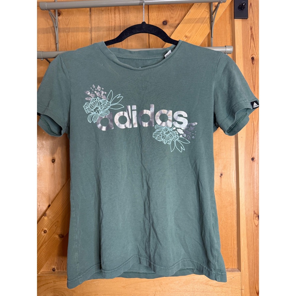 Adidas Floral Graphic‎ Tee T Shirt Womens XS Short Sleeve Olive Green